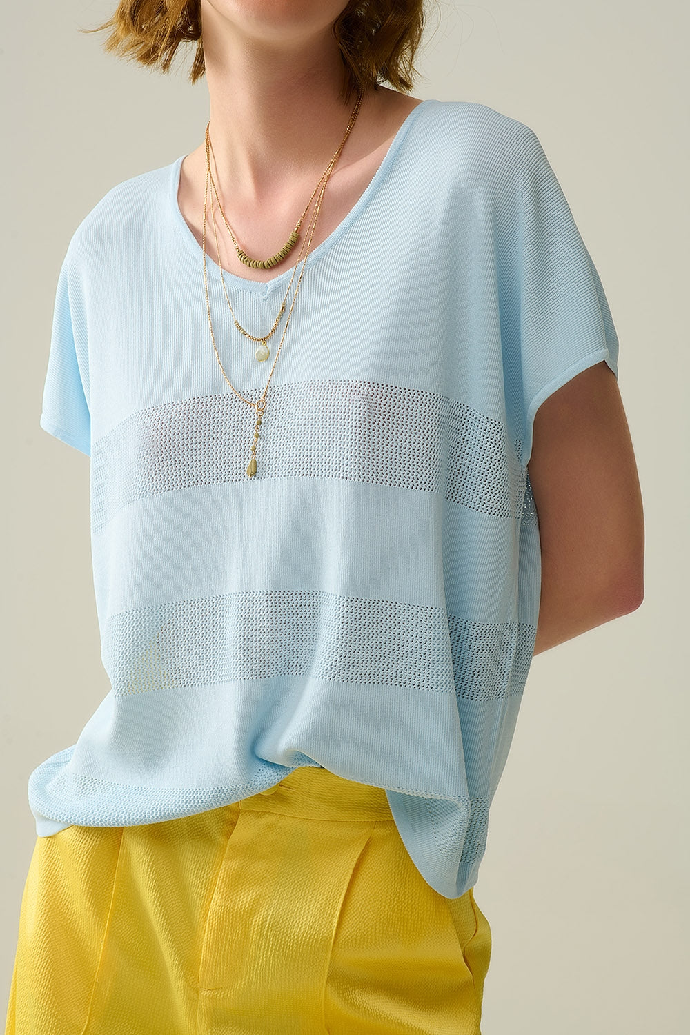 Baby Blue V-neck sweater with open knit detail - Jumpers