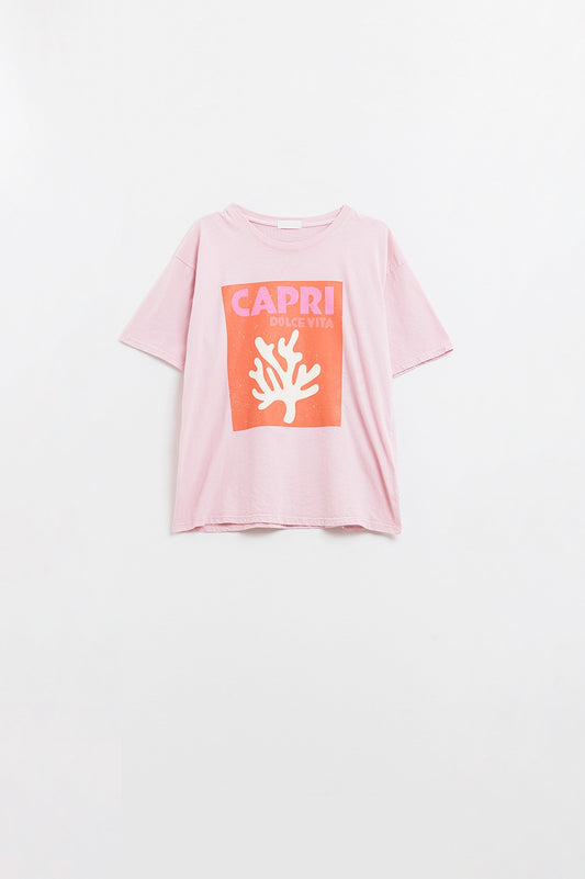 Baby Pink Capri Dolce Vita T-shirt With Orange Graphic Print - T-Shirts