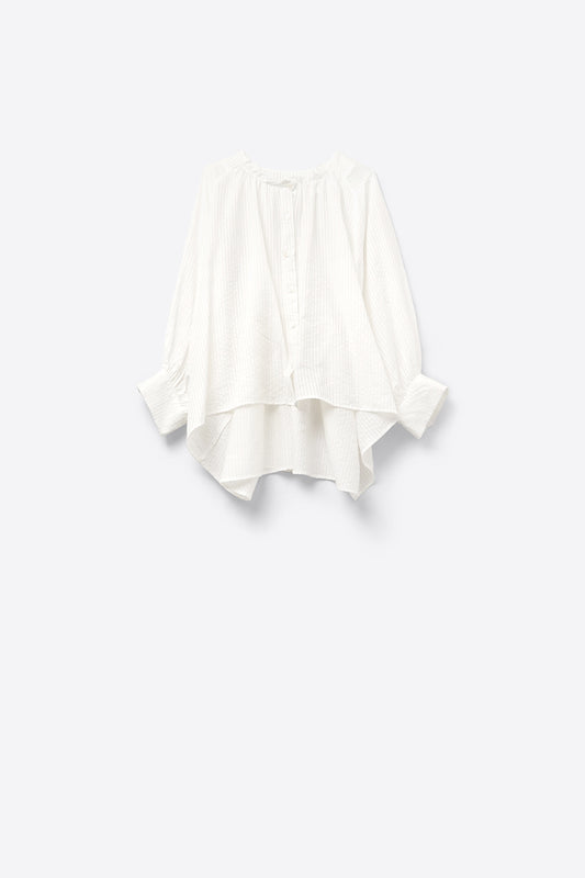 Balloon-Sleeve Striped Blouse in White - Blouses