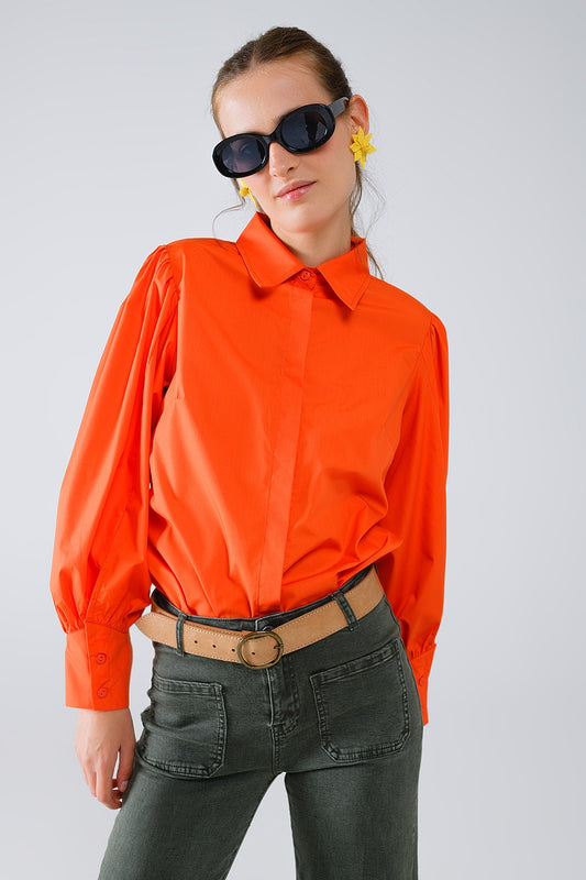 Basic poplin orange shirt with balloon long sleeves - Shirts