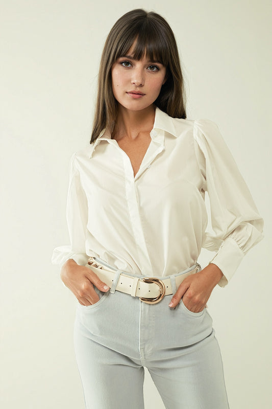 Basic poplin White shirt with balloon long sleeves - Shirts