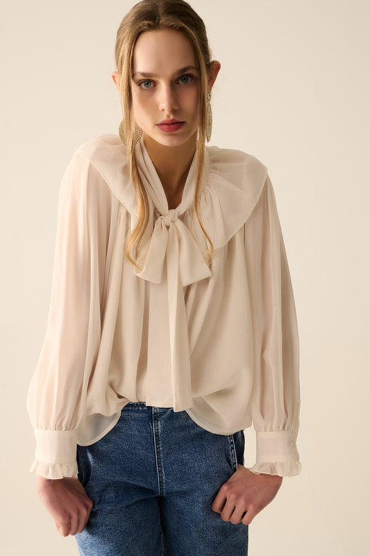 Q2 Beige chiffon shirt with bow detail