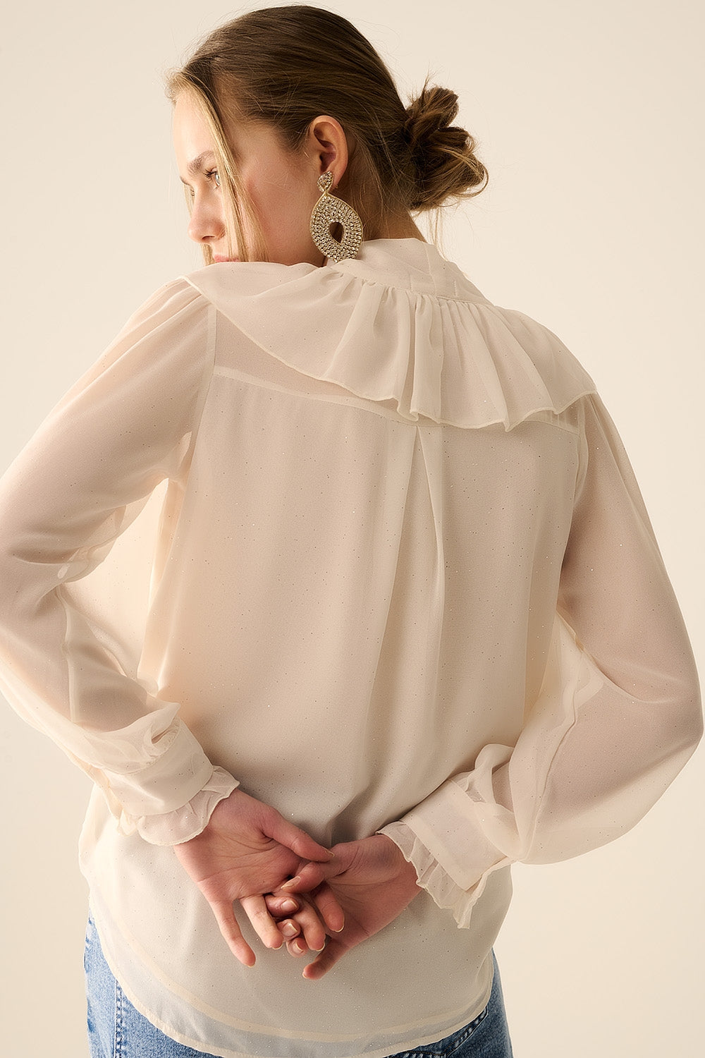 Beige chiffon shirt with bow detail
