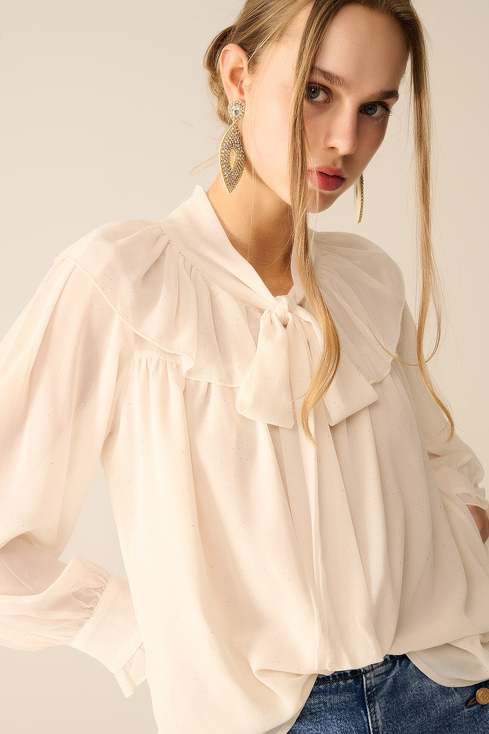 Beige chiffon shirt with bow detail