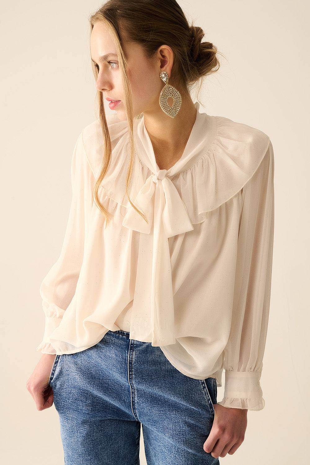 Beige chiffon shirt with bow detail