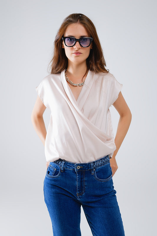 Beige Crossed Silk Top With V-neck and Short Sleeves - Tops