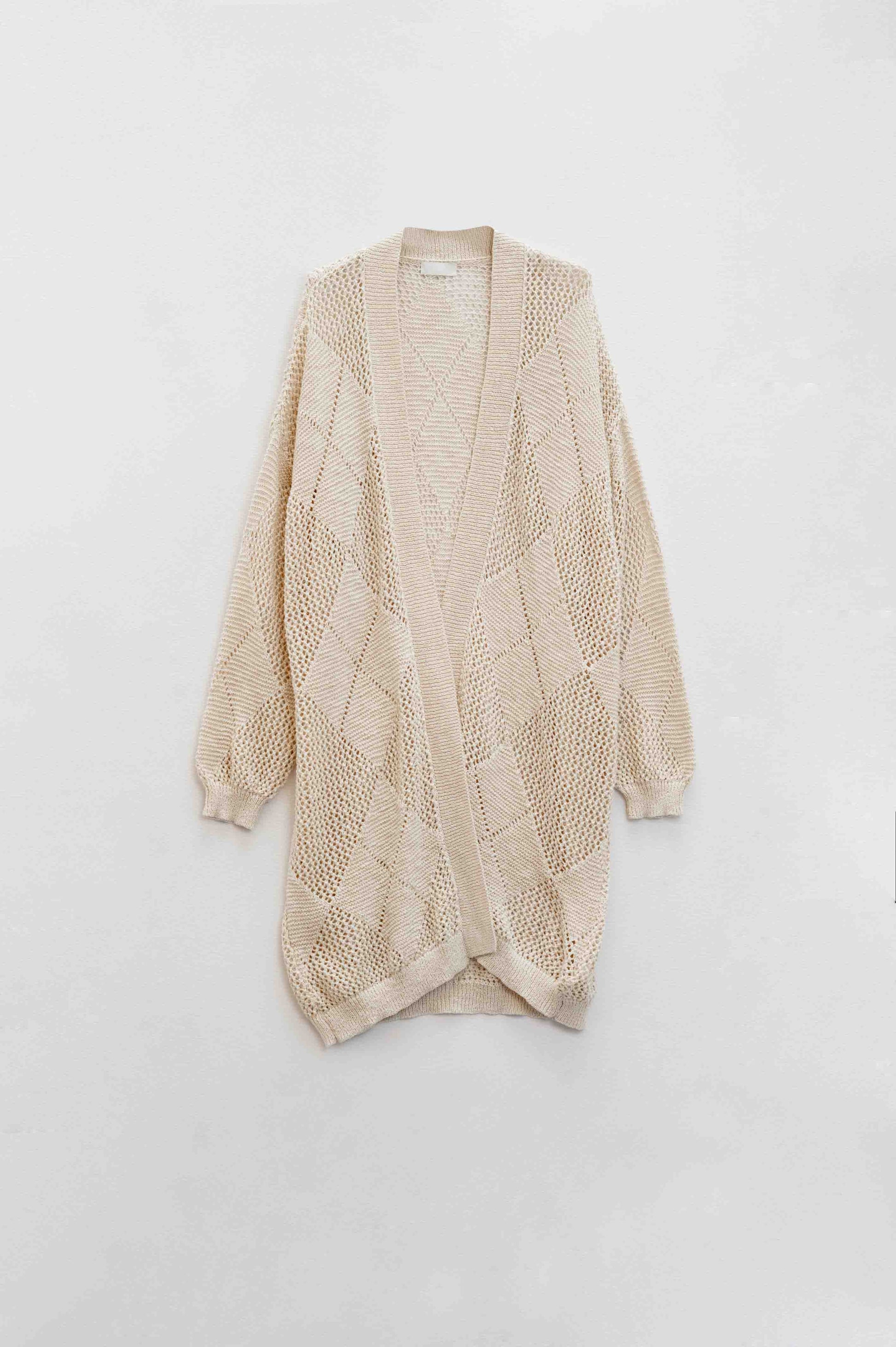 Beige Draped Cardigan With Crochet Design Q2 Sweaters BoutiqueLua