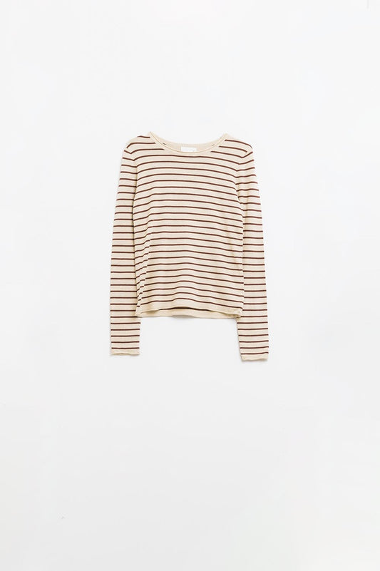Beige fine knit striped sweater - Jumpers