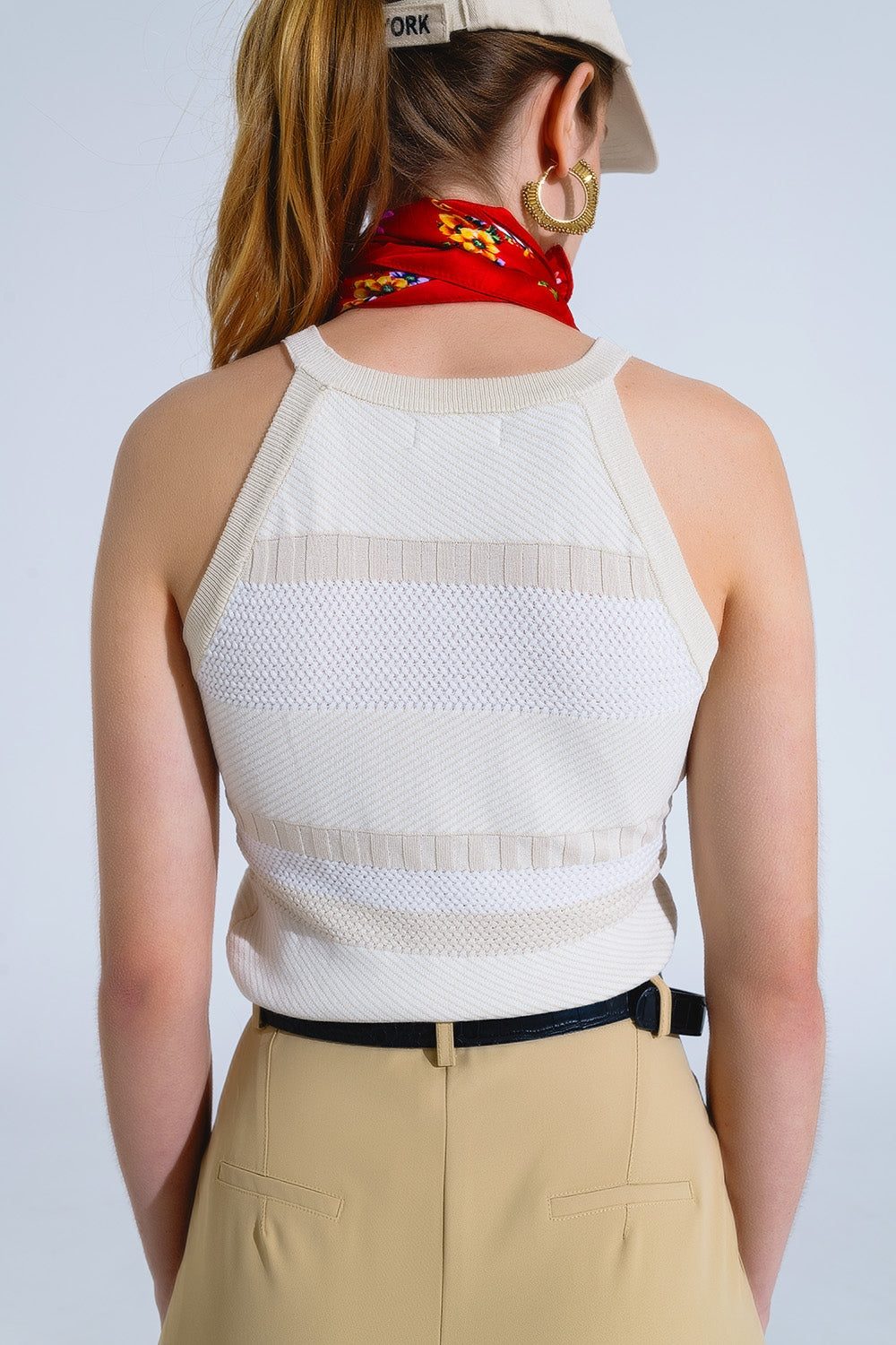 Beige Halter Tank top With Stripe Design In Different Knits - Jumpers