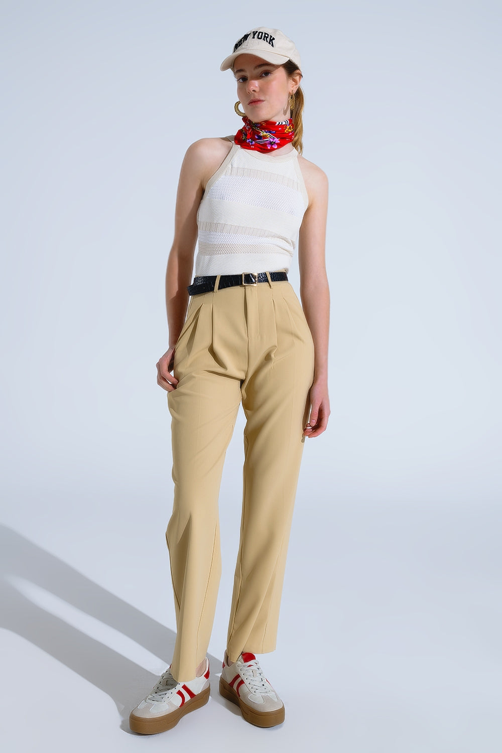 Beige Halter Tank top With Stripe Design In Different Knits - Jumpers