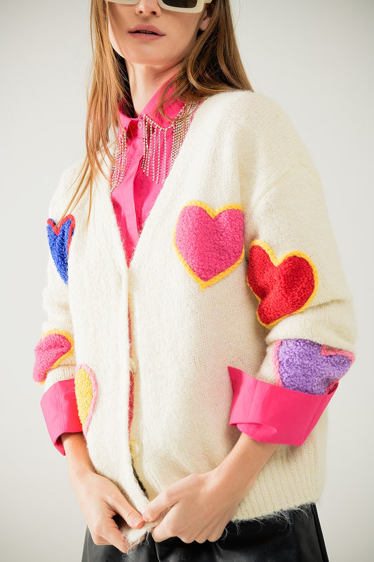 Beige knitted cardigan with embroidered hearts - Cardigans