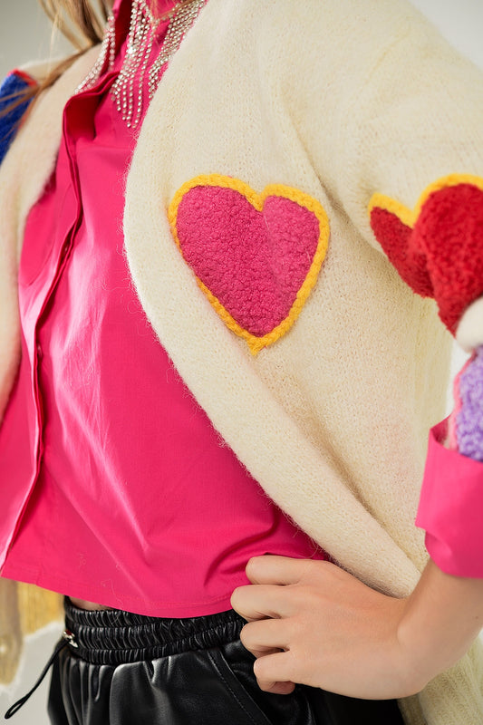 Beige knitted cardigan with embroidered hearts - Cardigans