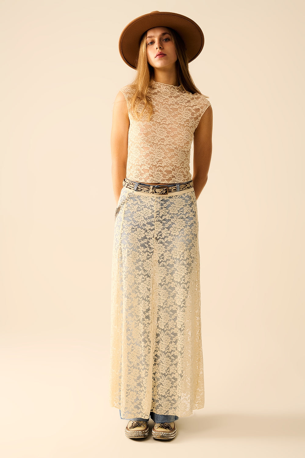 Beige Lace maxi Skirt With Floral design