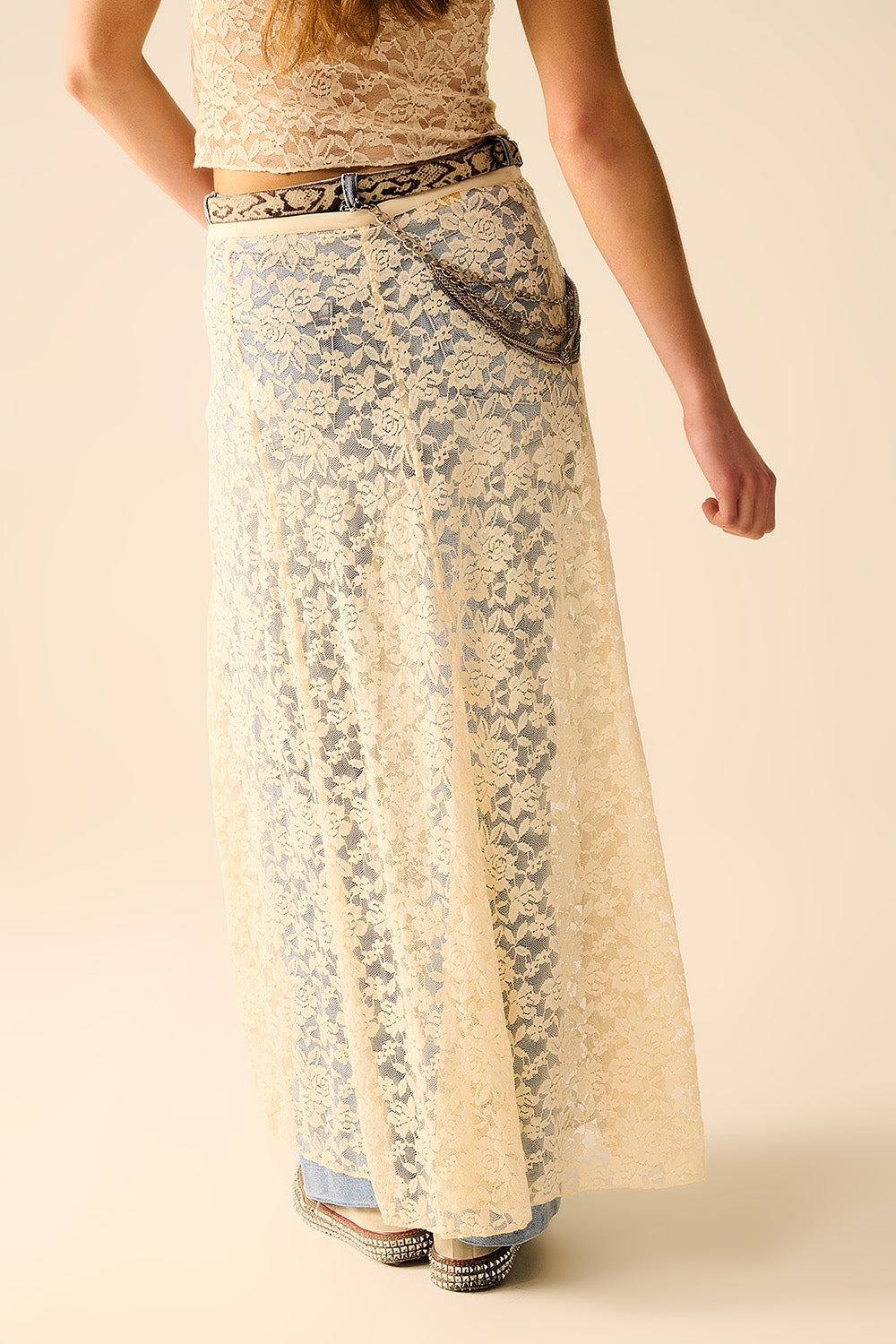 Beige Lace maxi Skirt With Floral design