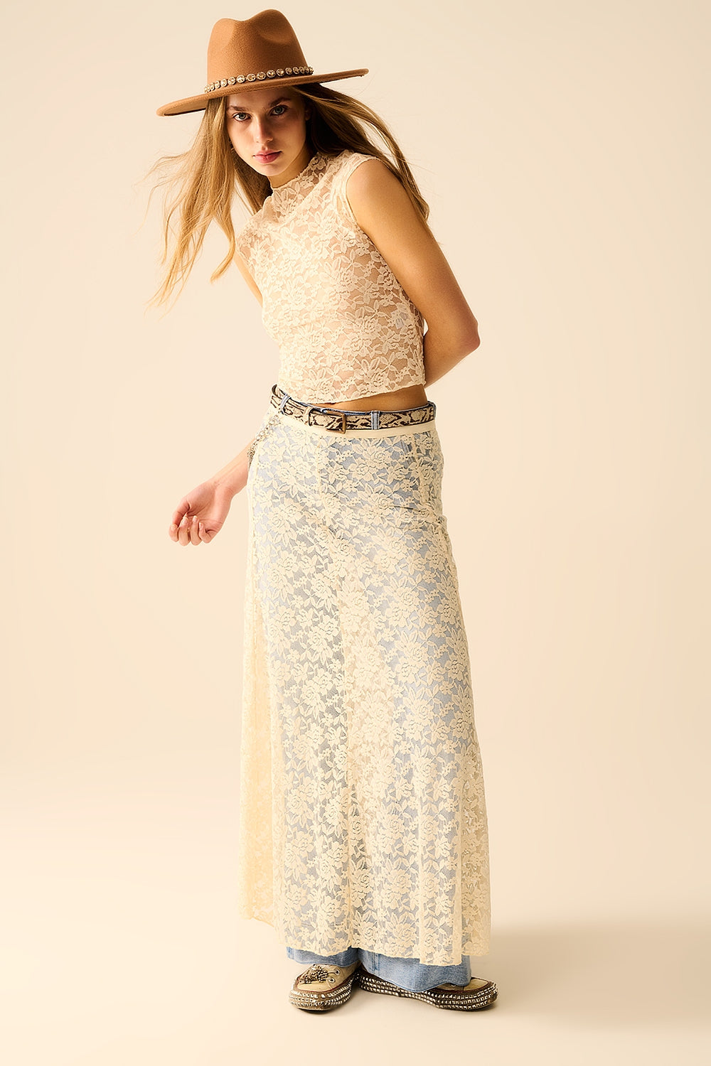 Beige Lace maxi Skirt With Floral design