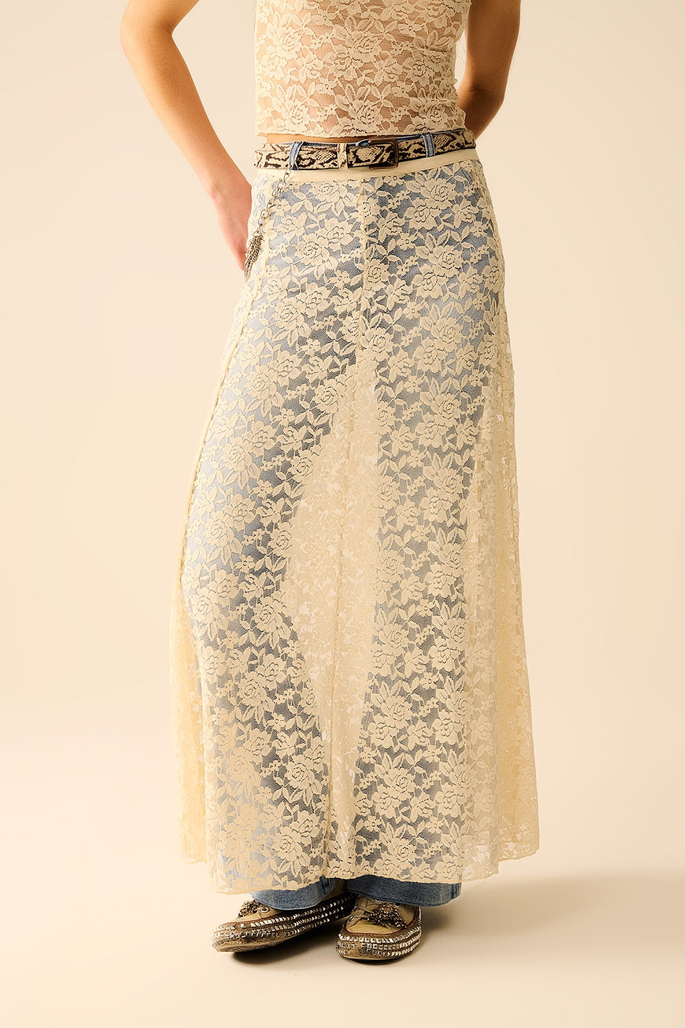 Beige Lace maxi Skirt With Floral design