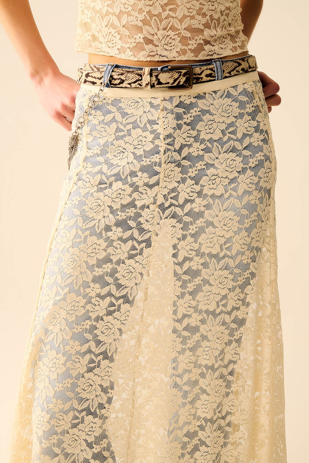Beige Lace maxi Skirt With Floral design