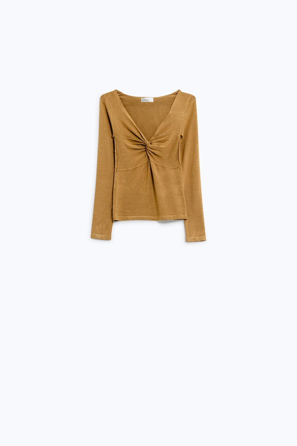 Beige Long Sleeve Shirt With Knot Detail and V-neck - Jumpers