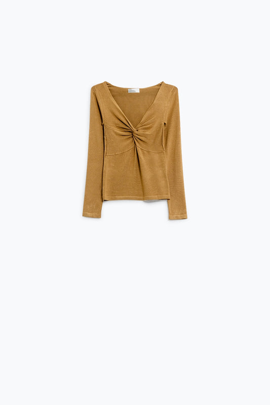 Beige Long Sleeve Shirt With Knot Detail and V-neck - Jumpers
