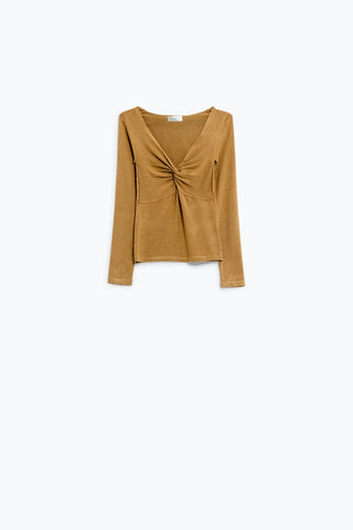 Beige Long Sleeve Shirt With Knot Detail and V-neck