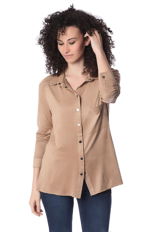 Beige long sleeve shirt with lace up detail - Shirts