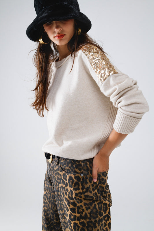 Beige Long Sleeves Sweater With Sequins on The Shoulders - Jumpers