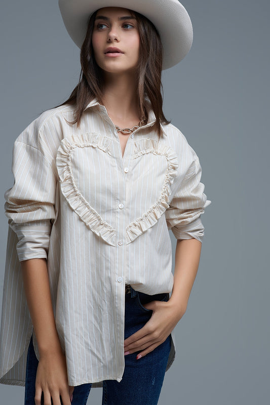 Beige Relaxed Striped Shirt With Heart Seam Detail - Shirts