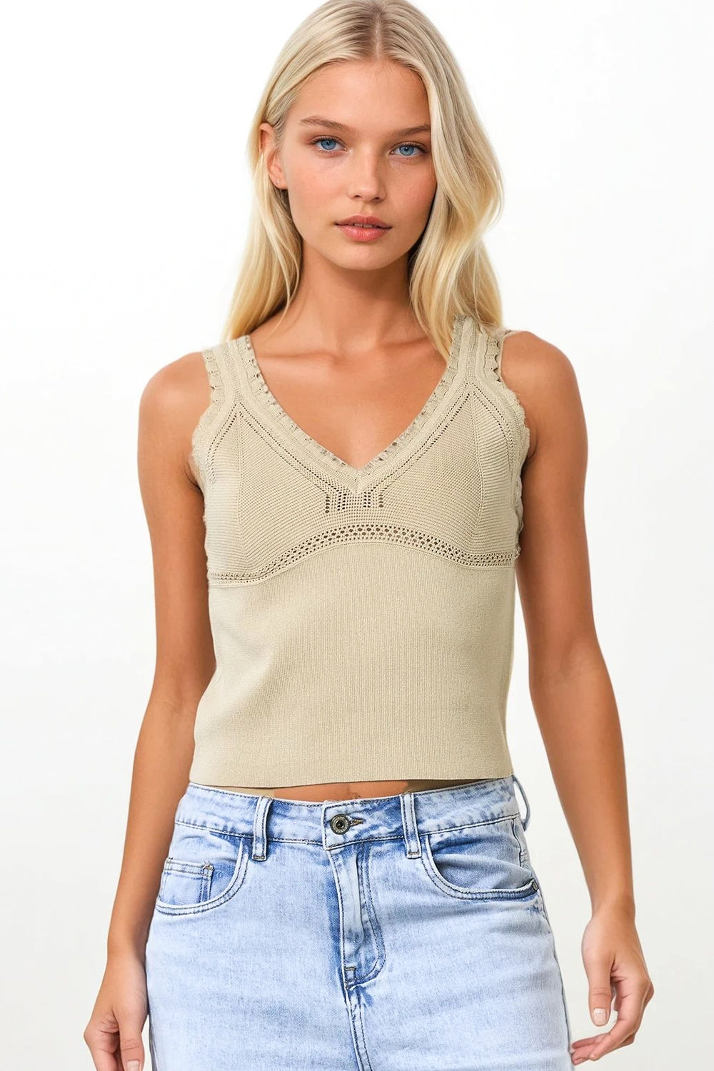 Beige Ribbed Knit Top with Scalloped V-Neck - Tops