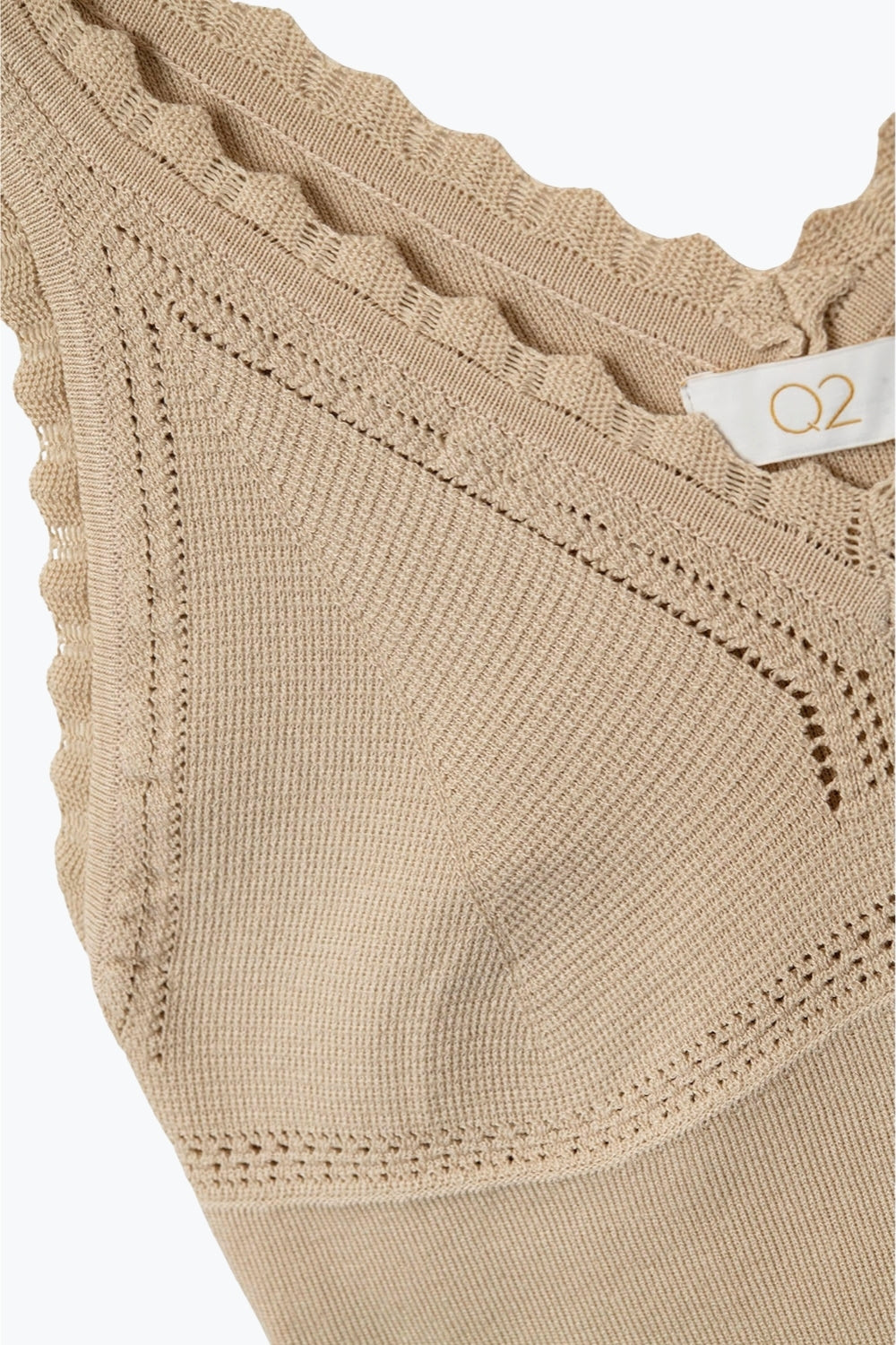 Beige Ribbed Knit Top with Scalloped V-Neck - Tops