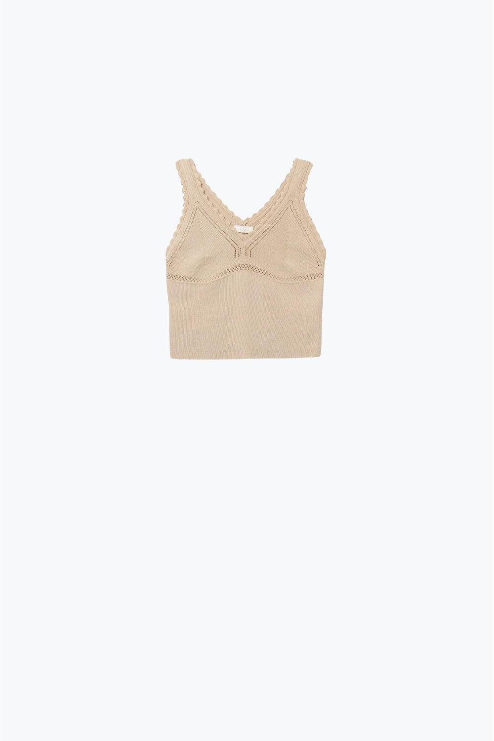 Beige Ribbed Knit Top with Scalloped V-Neck - Tops