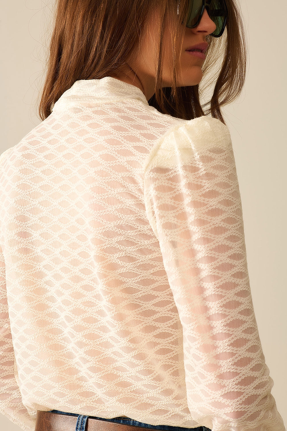 Beige Sheer Lace Turtleneck Top with Puff Shoulders