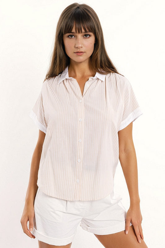 Beige shirt with short sleeves and vertical stripes - Shirts