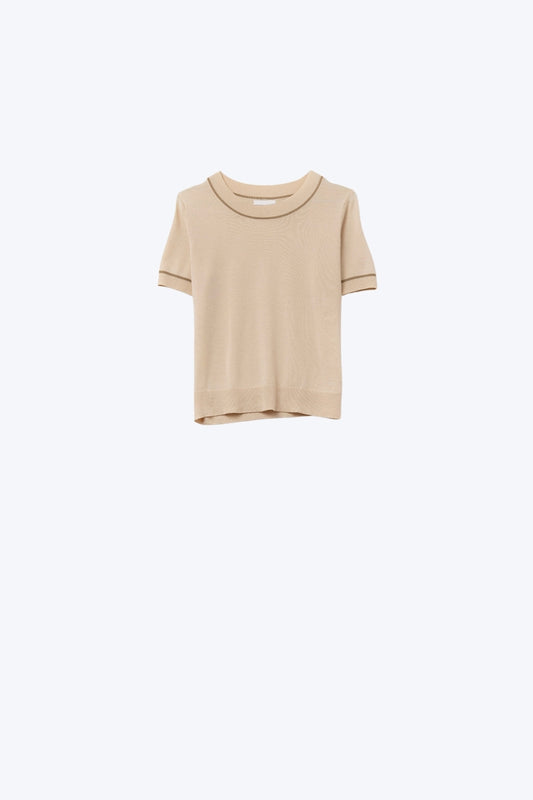 Beige Short Sleeve Knit Top with Camel Contrast Trims - Sweaters