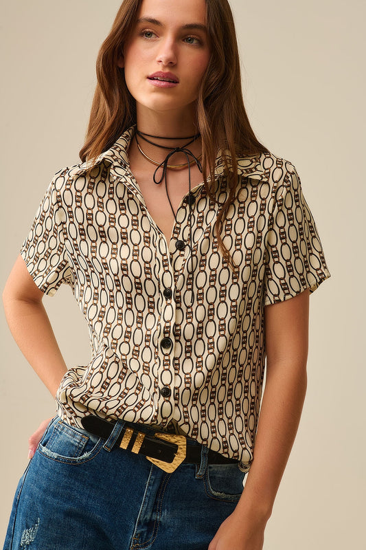 Beige Short-sleeved Chain Print Polo Shirt - Shirts
