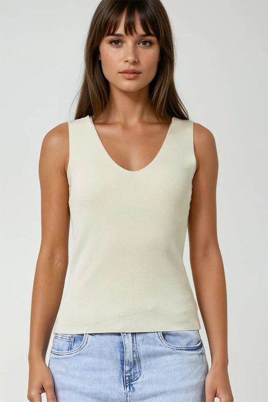 Beige sleeveless fine knitted top With V-Neck - Jumpers