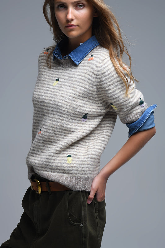 Beige Striped Short Sleeve Embroidered Sweater - Sweaters