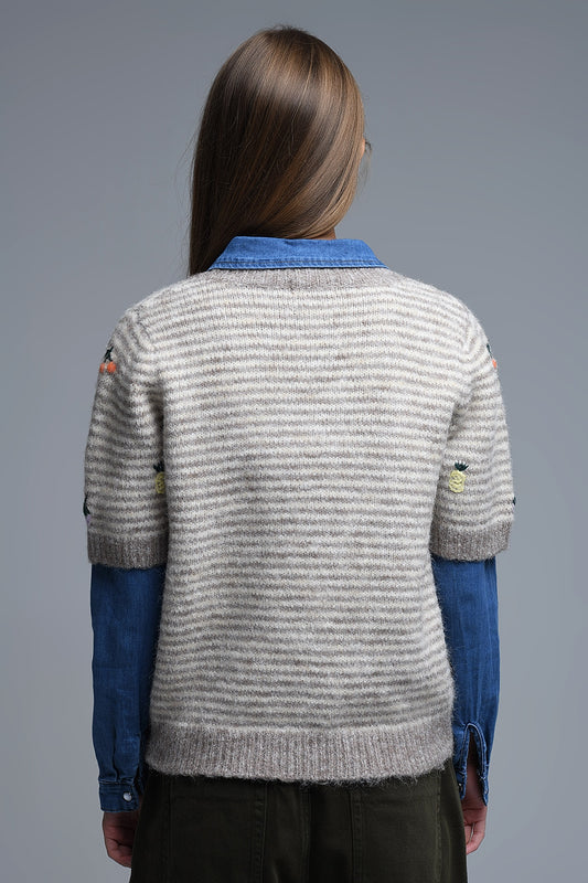 Beige Striped Short Sleeve Embroidered Sweater - Sweaters