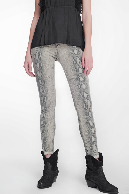 beige super skinny reversible pants with snake print - Trousers