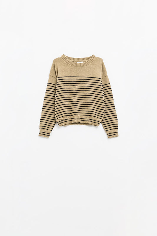 Beige sweater with black stripes and boat neck - Sweaters
