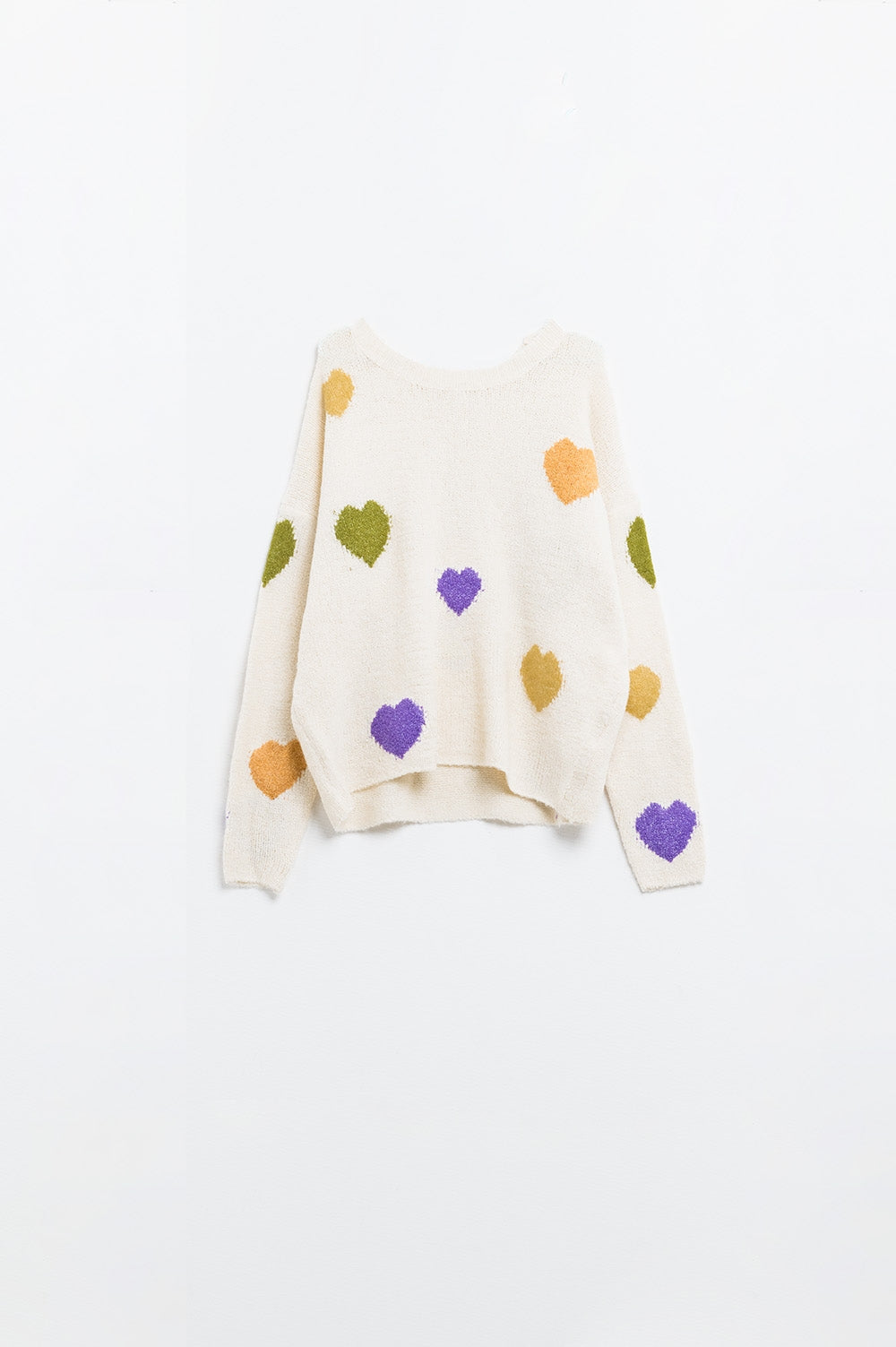 Beige sweater with boat neck and heart print - Sweaters