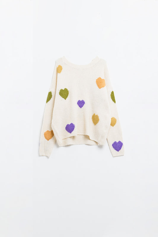 Beige sweater with boat neck and heart print - Sweaters