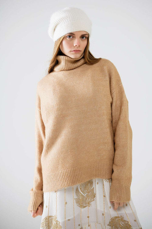 Q2 Beige turtleneck jumper with dropped sleeves