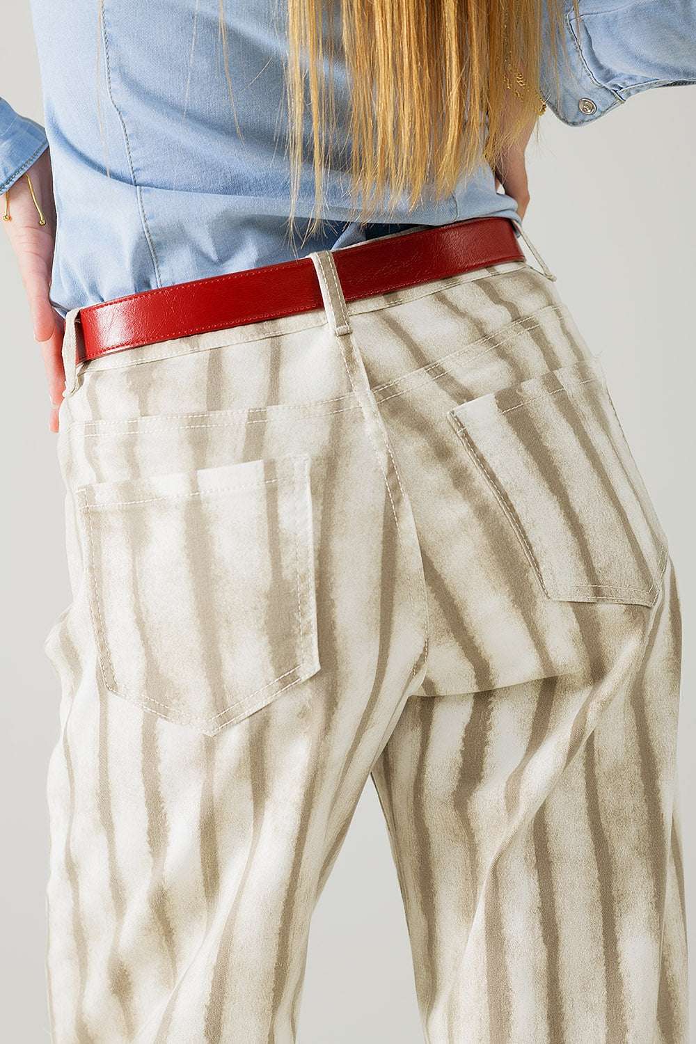 Beige wide leg elastic striped Pants - Trousers