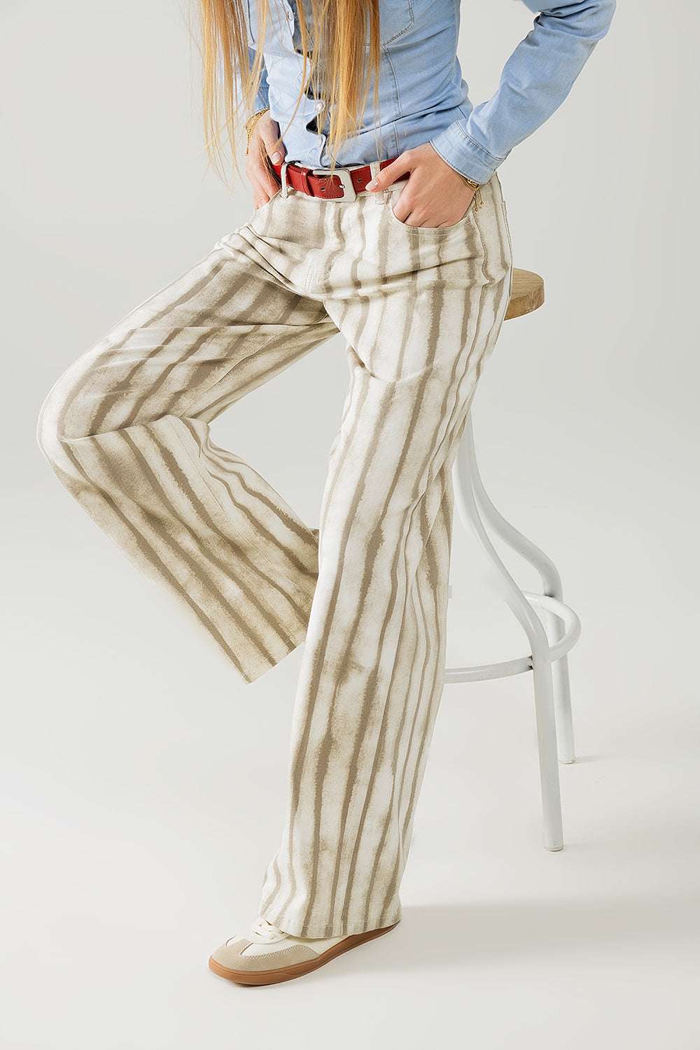 Beige wide leg elastic striped Pants - Trousers