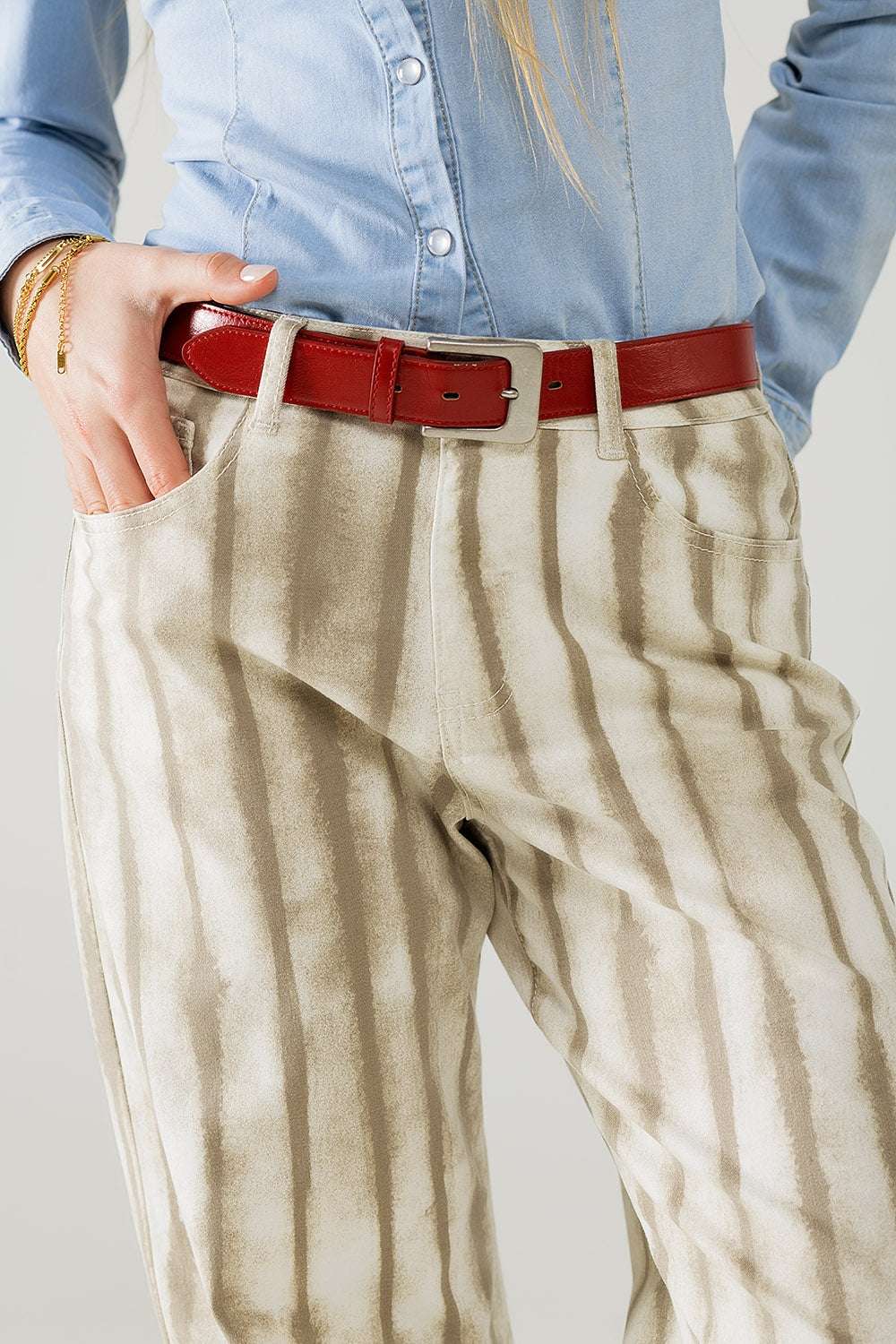 Beige wide leg elastic striped Pants - Trousers