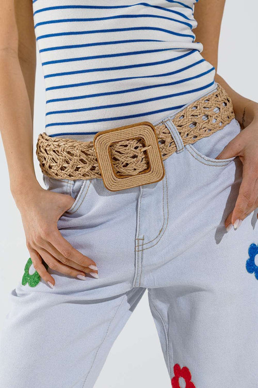 Beige woven belt with big square buckle with brown border - Belts