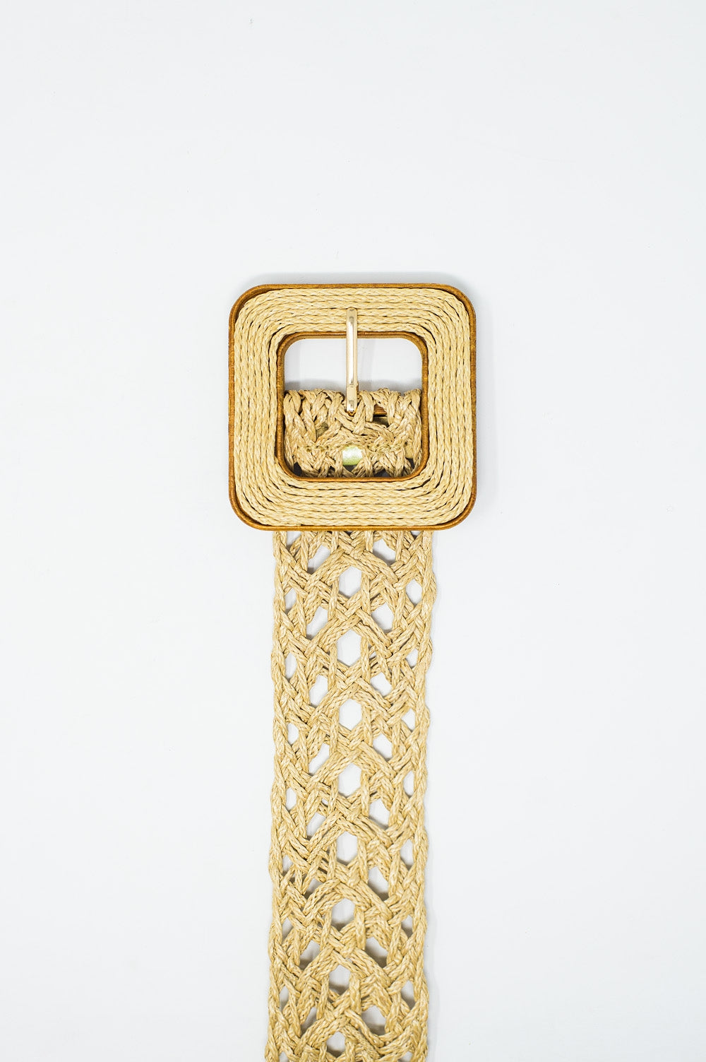 Beige woven belt with big square buckle with brown border - Belts