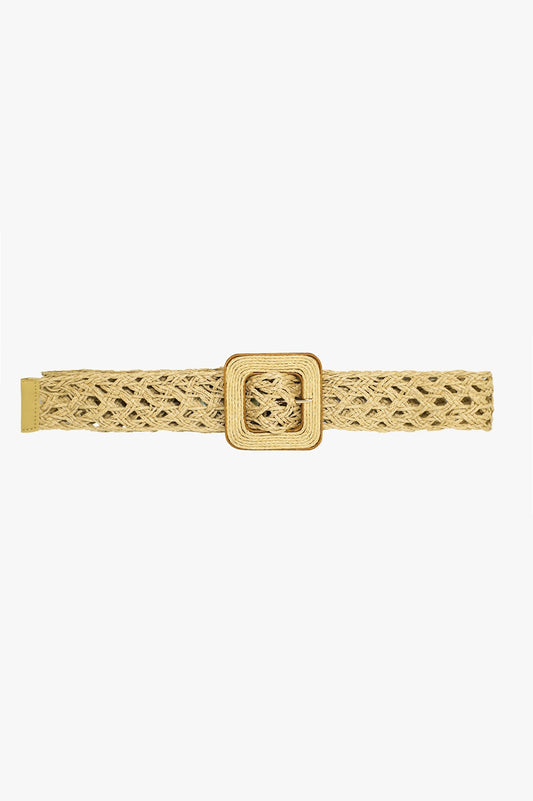 Beige woven belt with big square buckle with brown border - Belts