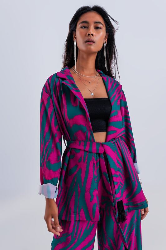 Belted blazer in green animal print - Blazers