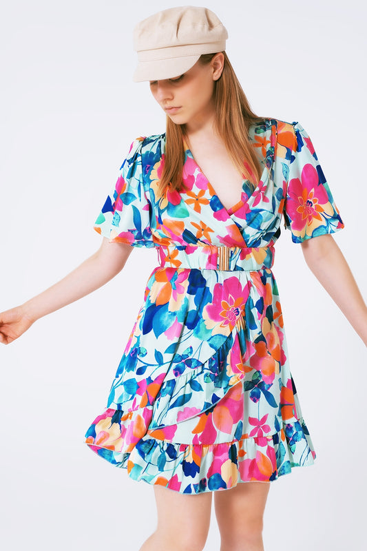 belted soft satin dress with flower print - Dresses